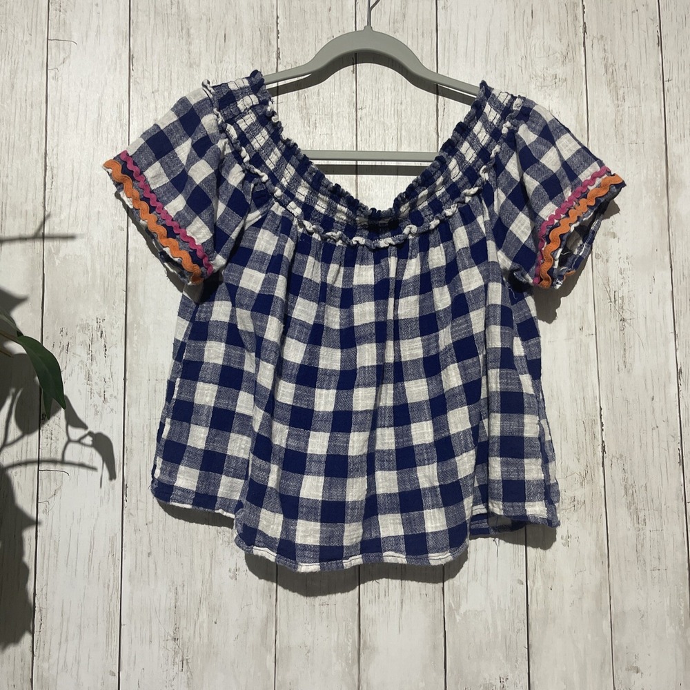 Derek Heart Large Gingham Top Kids Blue Excellent Smocked Off Shoulder Ricā Rac